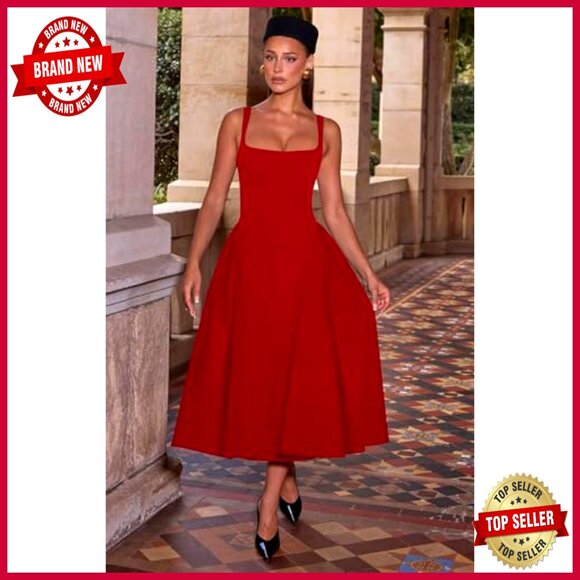 Elegant Square Neck Swing A Line Midi Dress Formal Evening Party Wear - Picture 5 of 7